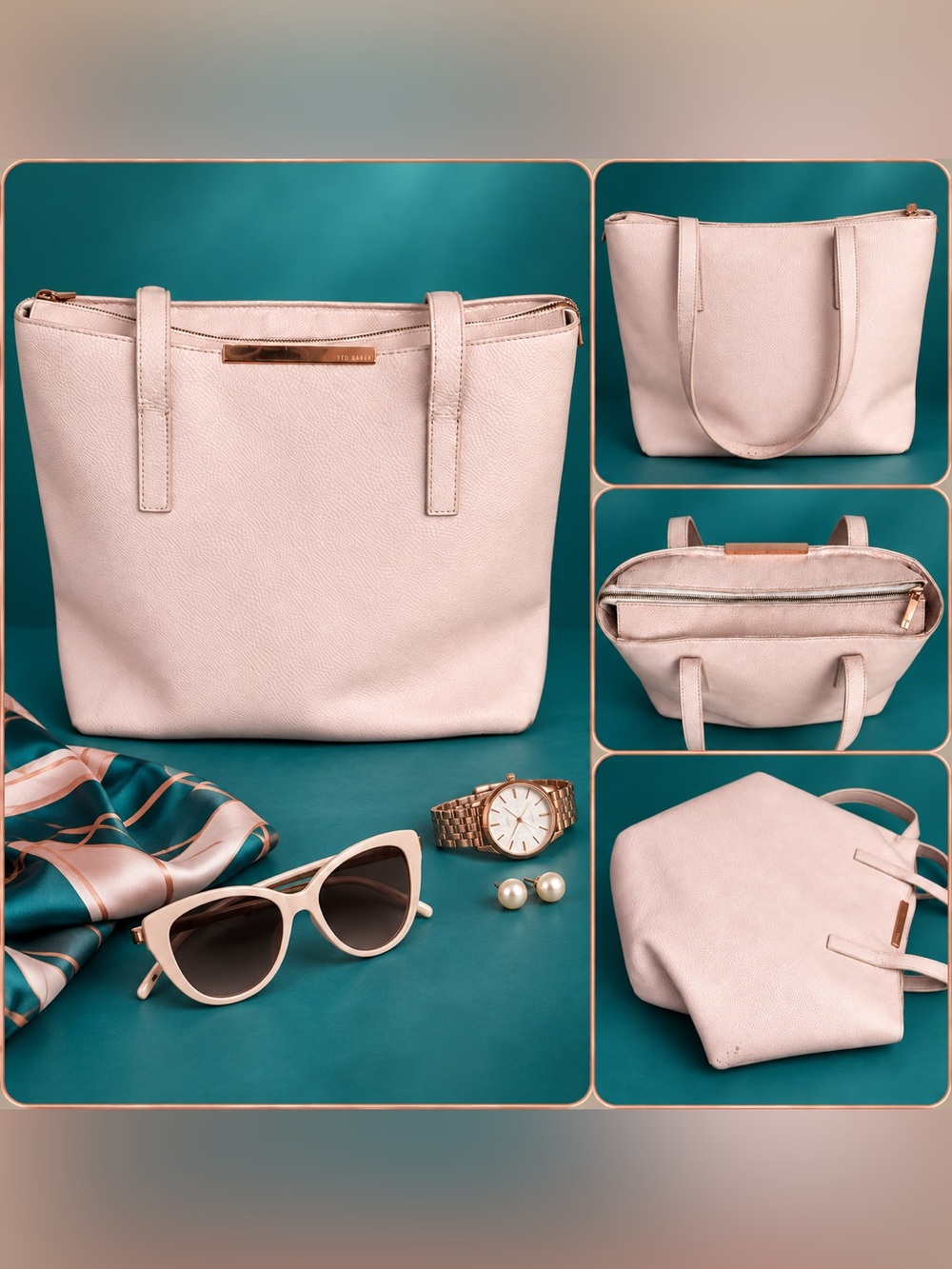 Ted Baker Pale Pink Pebbled Leather Tote with Gold Bar